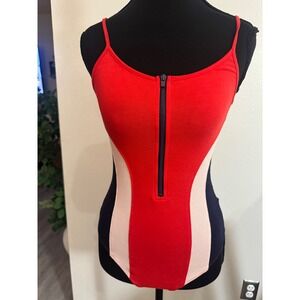 Express One Eleven Womens Small Red Colorblock Zip Front Thong Bodysuit